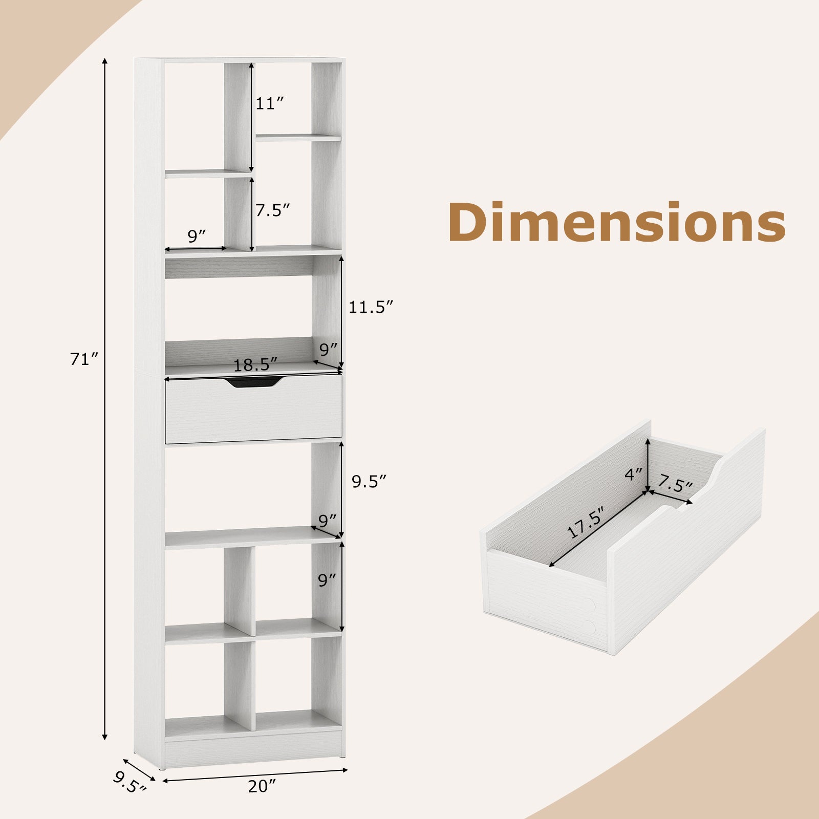 71inch Tall Freestanding Bookcase with Drawer 10-Cube Storage Organizer, White Bookcases at Gallery Canada