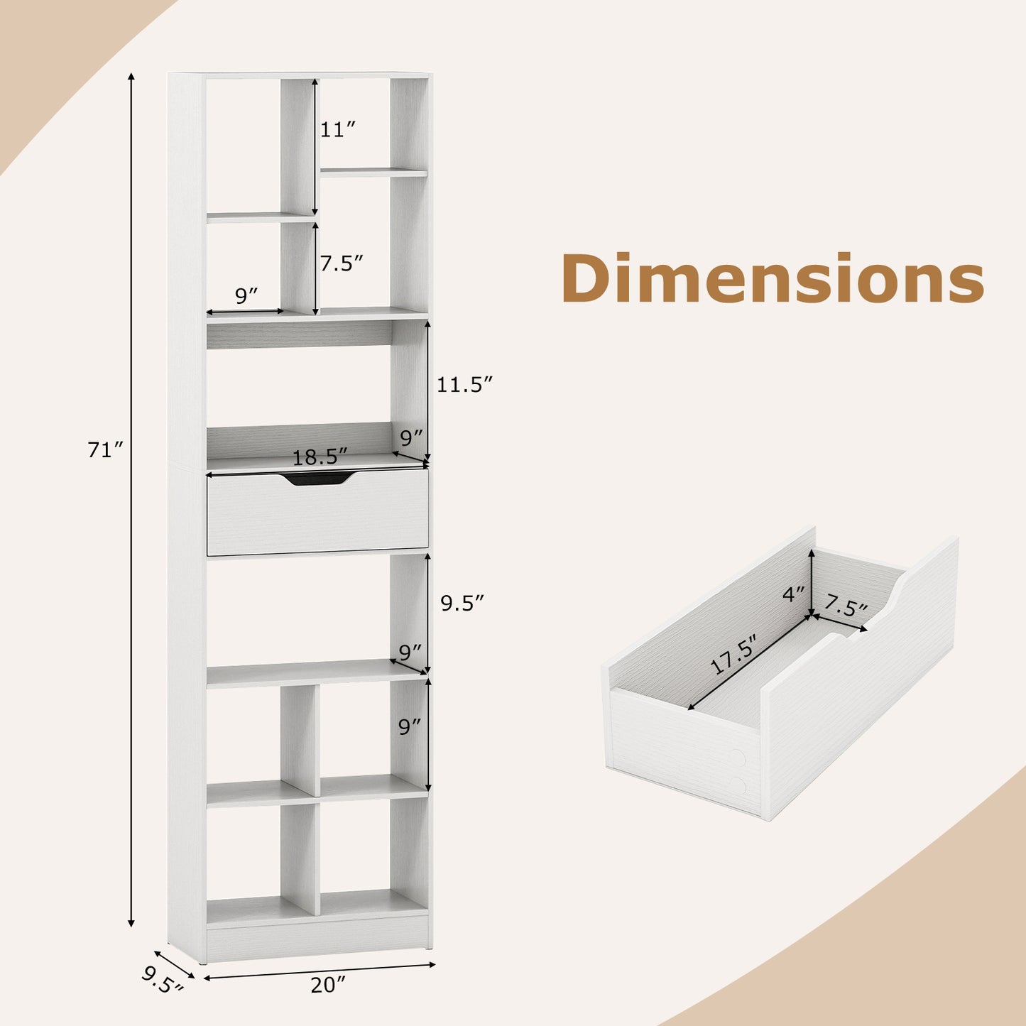 71inch Tall Freestanding Bookcase with Drawer 10-Cube Storage Organizer, White Bookcases at Gallery Canada