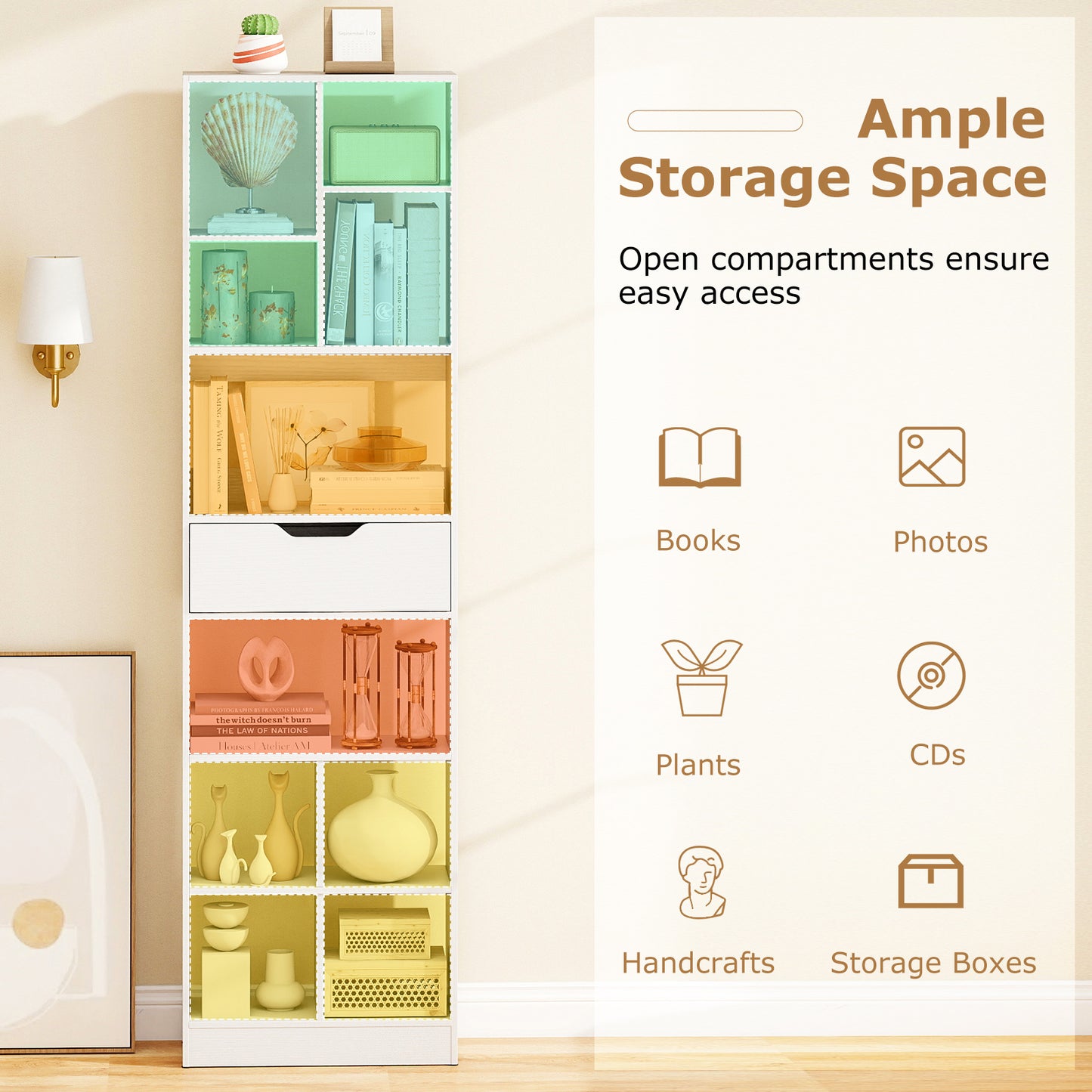 71inch Tall Freestanding Bookcase with Drawer 10-Cube Storage Organizer, White Bookcases at Gallery Canada