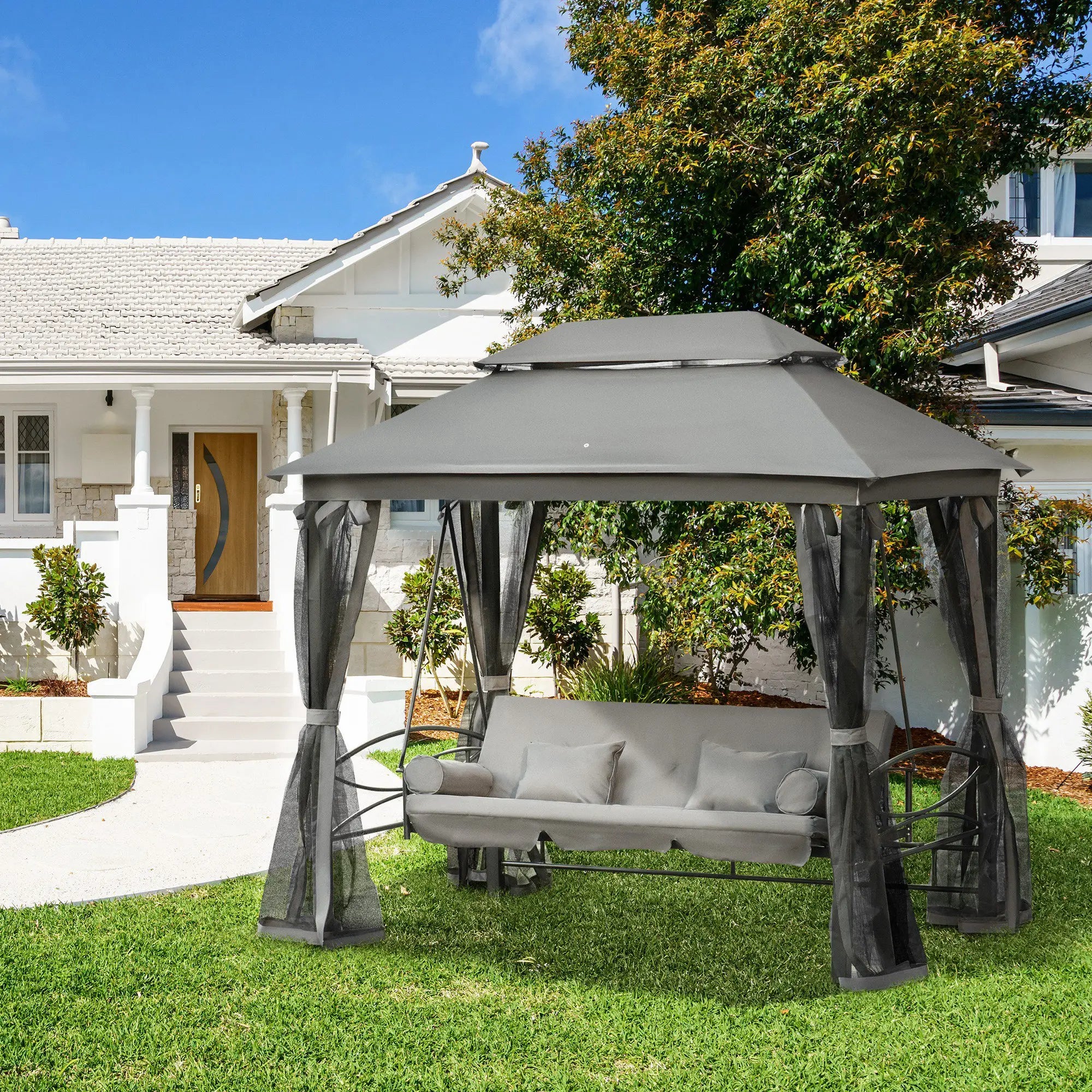 3 Person Outdoor Daybed, Canopy Gazebo Swing Chair, Dark Grey Patio Swings with Stand at Gallery Canada