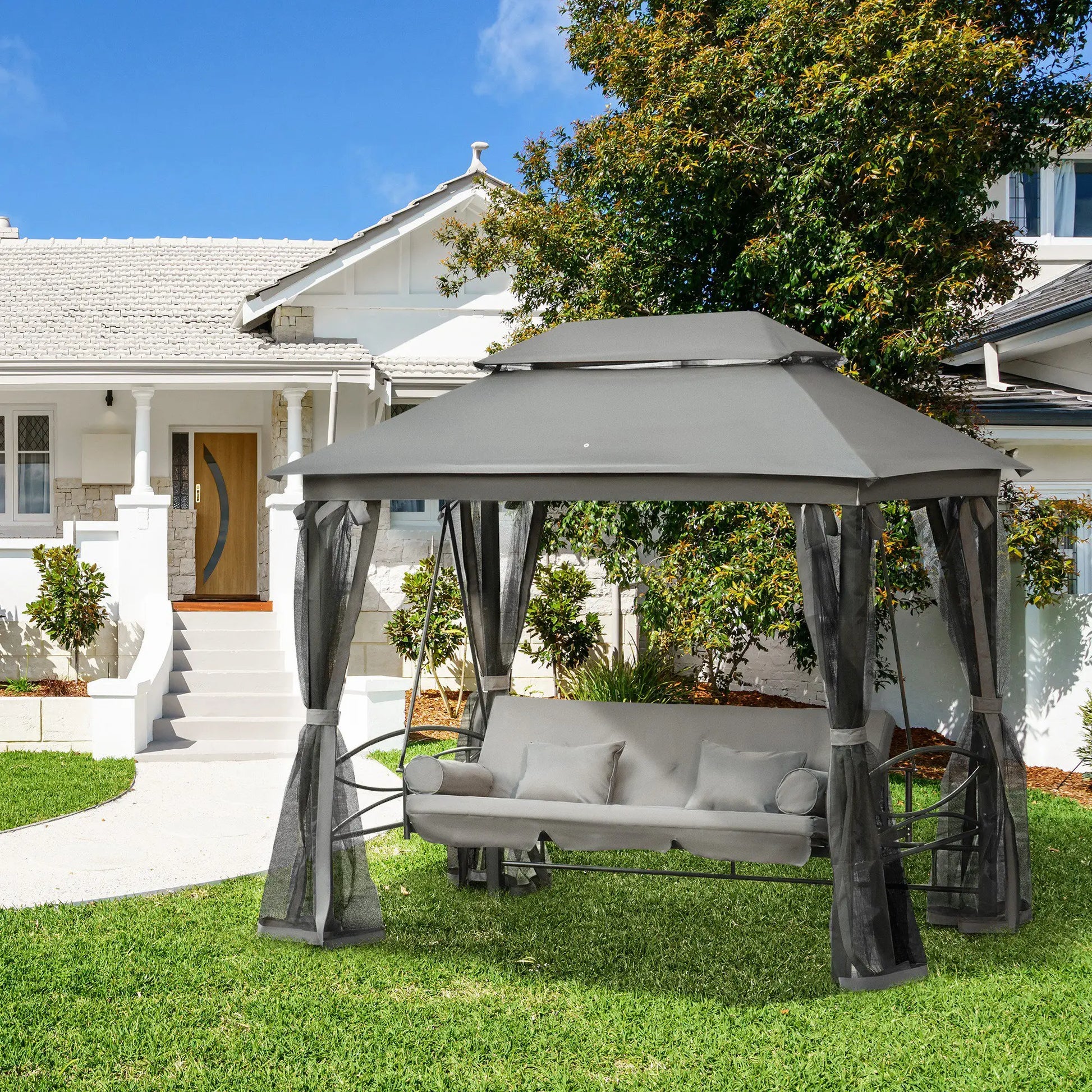 3 Person Outdoor Daybed, Canopy Gazebo Swing Chair, Dark Grey Patio Swings with Stand at Gallery Canada