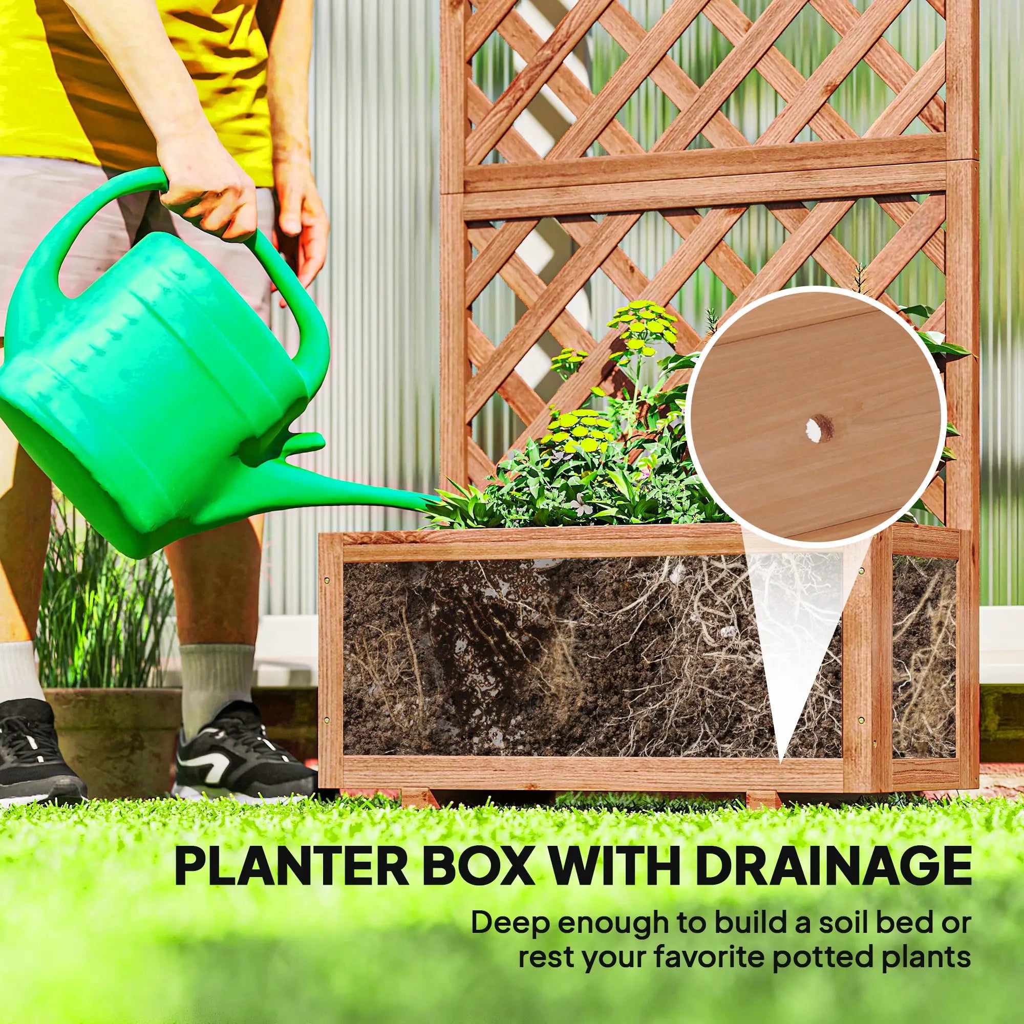 2.4 x 1 x 4.9 ft Wooden Pine Trough Planter with Trellis, Orange Wooden Planter Boxes at Gallery Canada