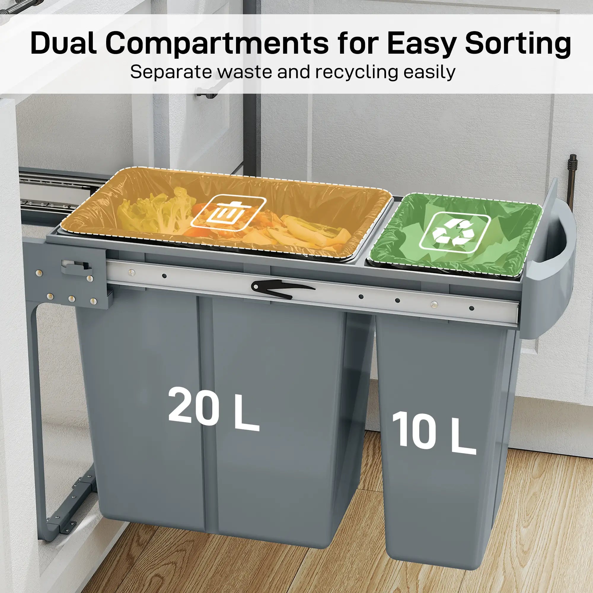 Pull Out Garbage Bin for Kitchen, 30L Under Sink Garbage Can, 2 Removable Compartments, Grey Household Supplies at Gallery Canada