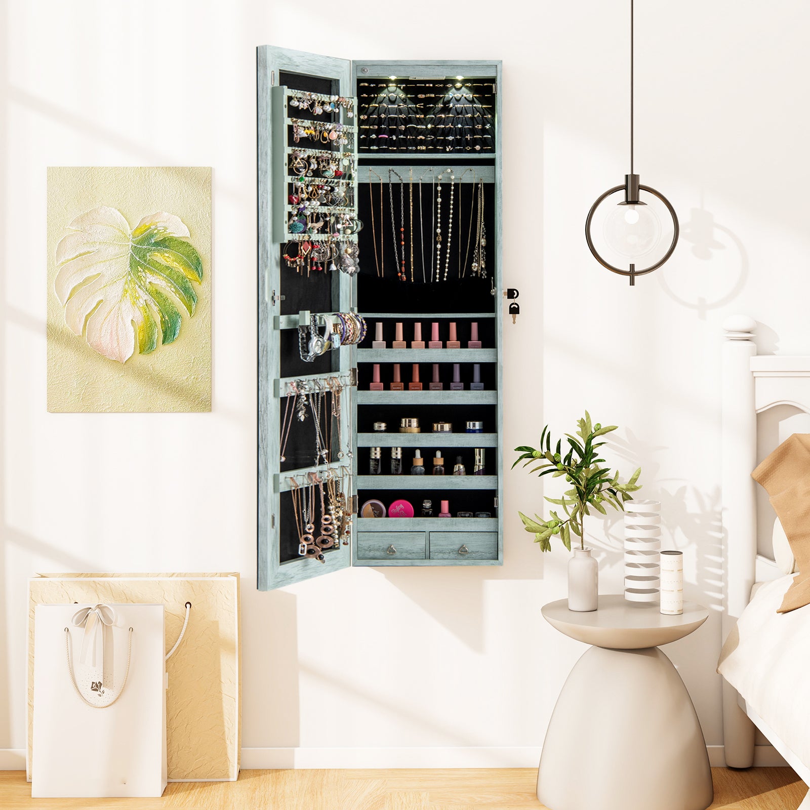 Wall and Door Mounted Mirrored Jewelry Cabinet with Lights, Navy Jewelry Armoires at Gallery Canada