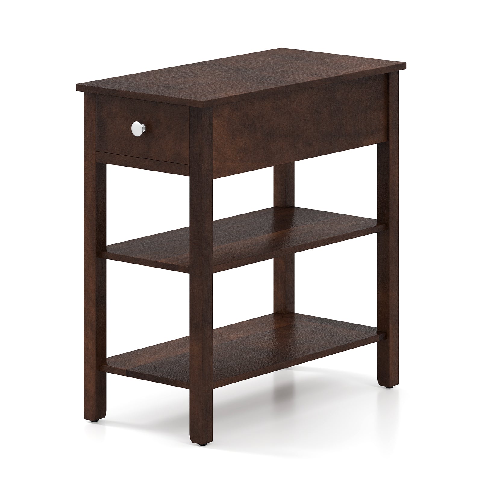 3-Tier Narrow End Table, Walnut, With Drawer And Storage Shelves Living Room Walnut at Gallery Canada