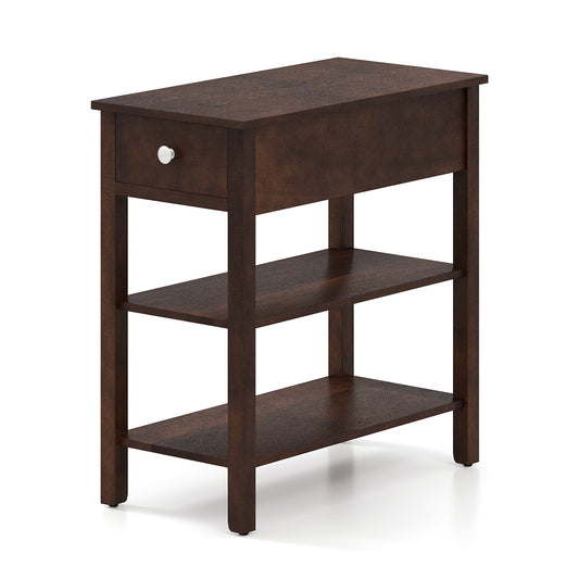 3-Tier Narrow End Table, Walnut, With Drawer And Storage Shelves Living Room Walnut at Gallery Canada