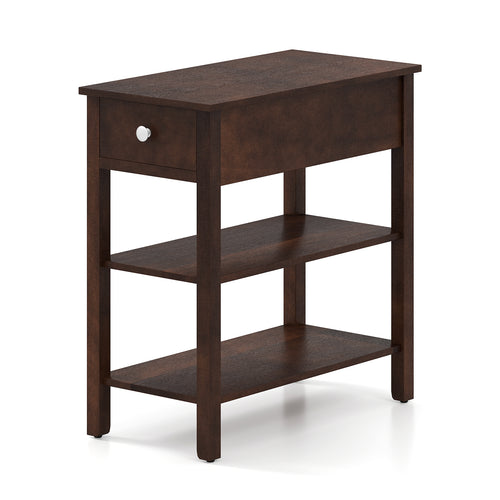 3-Tier Narrow End Table, Walnut, With Drawer And Storage Shelves
