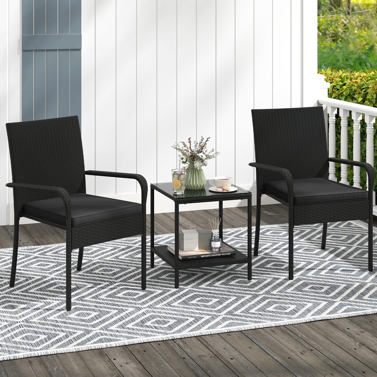 3 Piece Patio Furniture Set with Seat Cushions and Tempered Glass Tabletop, Black Patio Conversation Sets at Gallery Canada