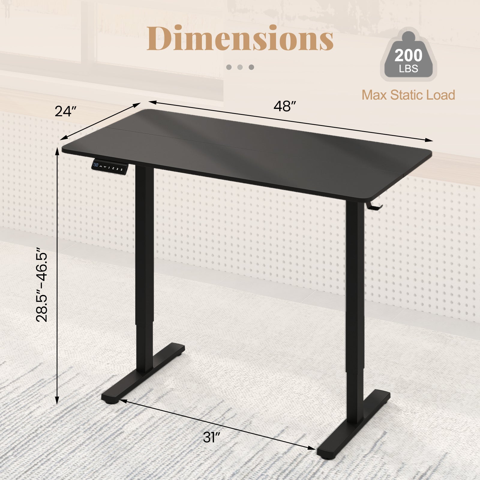 48 Inch x 24 Inch Electric Standing Desk, 3 Memory Settings, Black Standing Desks at Gallery Canada