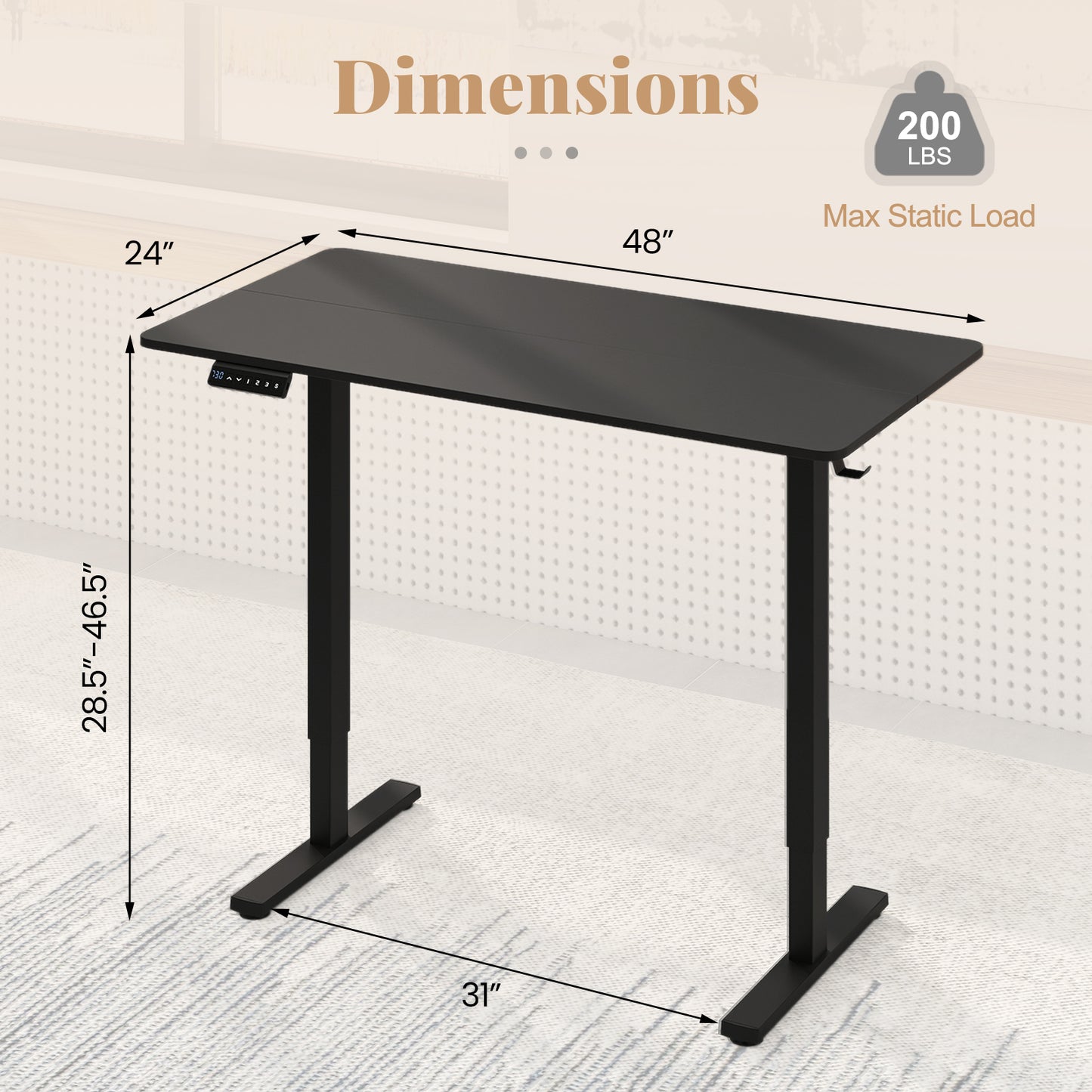 48 Inch x 24 Inch Electric Standing Desk, 3 Memory Settings, Black Standing Desks at Gallery Canada