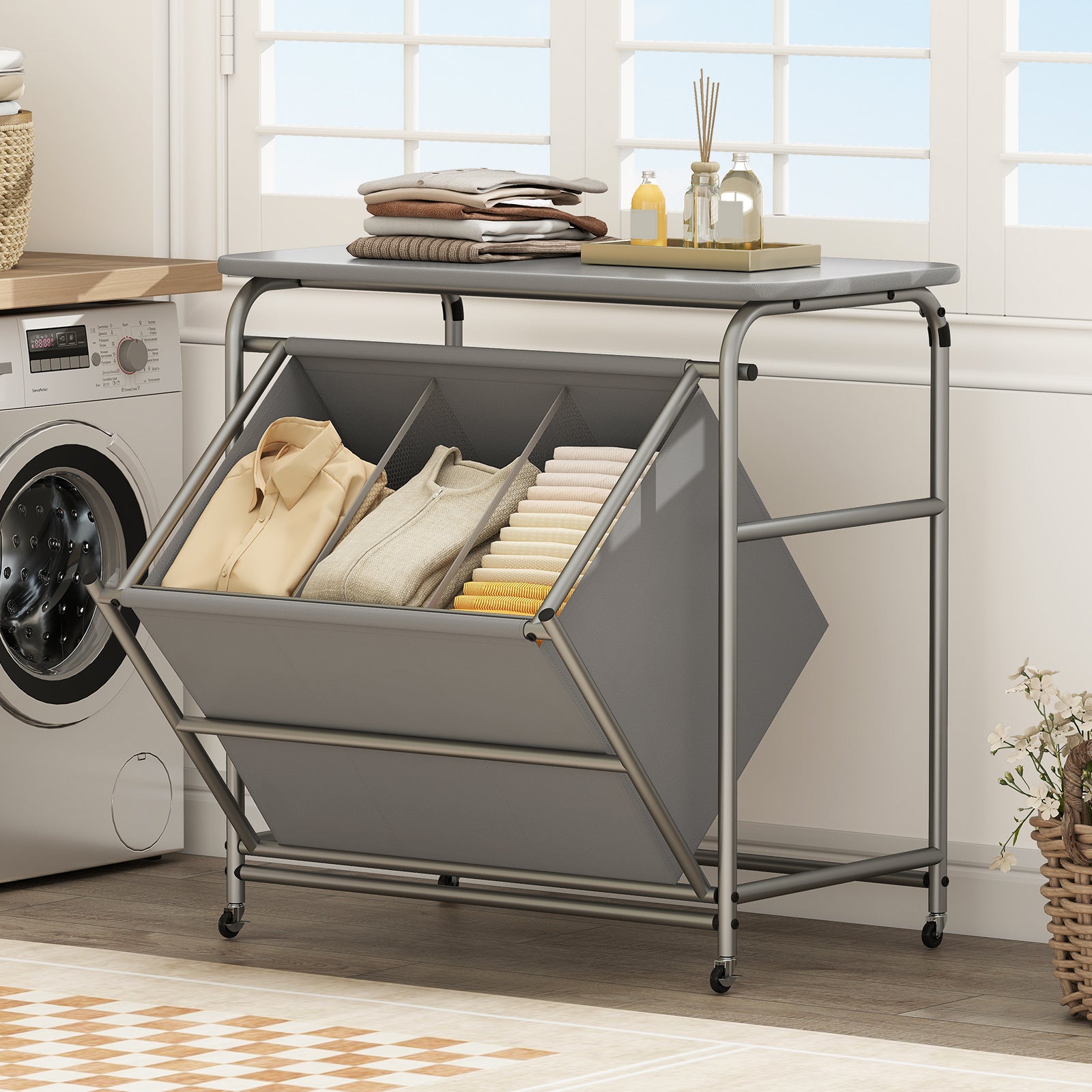 3-Section Laundry Sorter with Foldable Ironing Board and Lockable Wheels, Gray Laundry Baskets at Gallery Canada