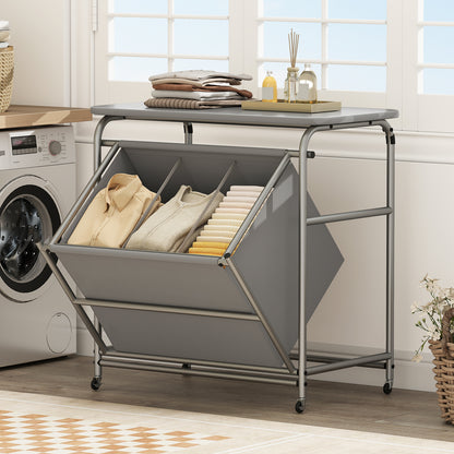 3-Section Laundry Sorter with Foldable Ironing Board and Lockable Wheels, Gray Laundry Baskets at Gallery Canada