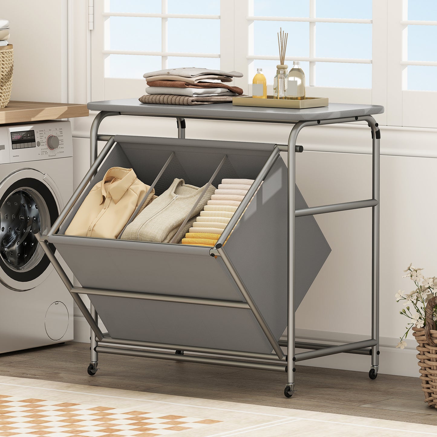 3-Section Laundry Sorter, Foldable Ironing Board, Lockable Wheels, Gray Laundry Baskets at Gallery Canada