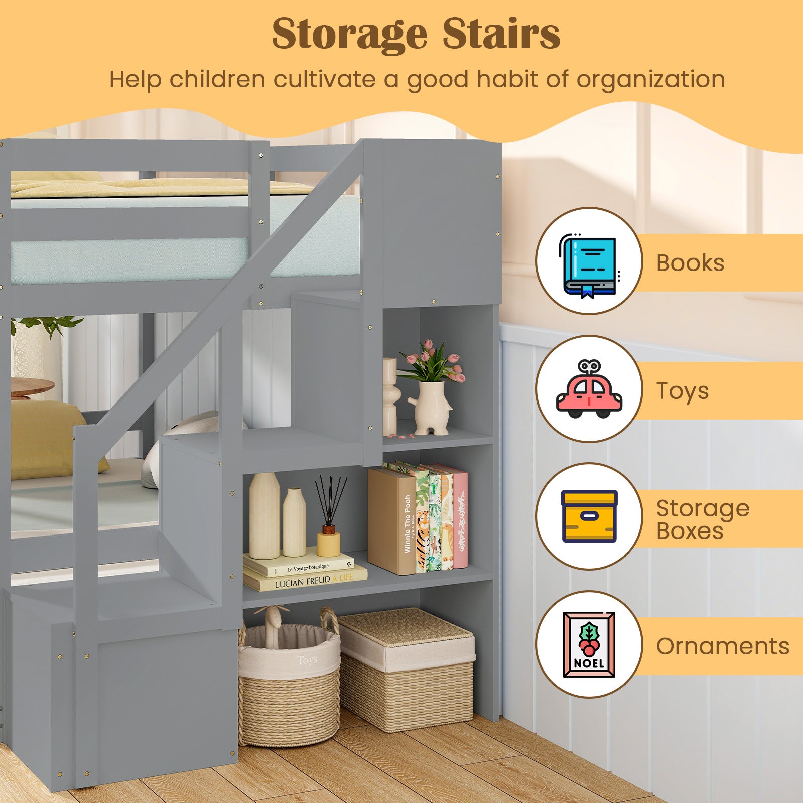 Twin Over Twin Low Bunk Bed with Storage Stairs Solid Wood Floor Bunk Bed Frame, Gray Bunk Bed Frame at Gallery Canada
