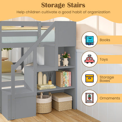 Twin Over Twin Low Bunk Bed with Storage Stairs Solid Wood Floor Bunk Bed Frame, Gray Bunk Bed Frame at Gallery Canada