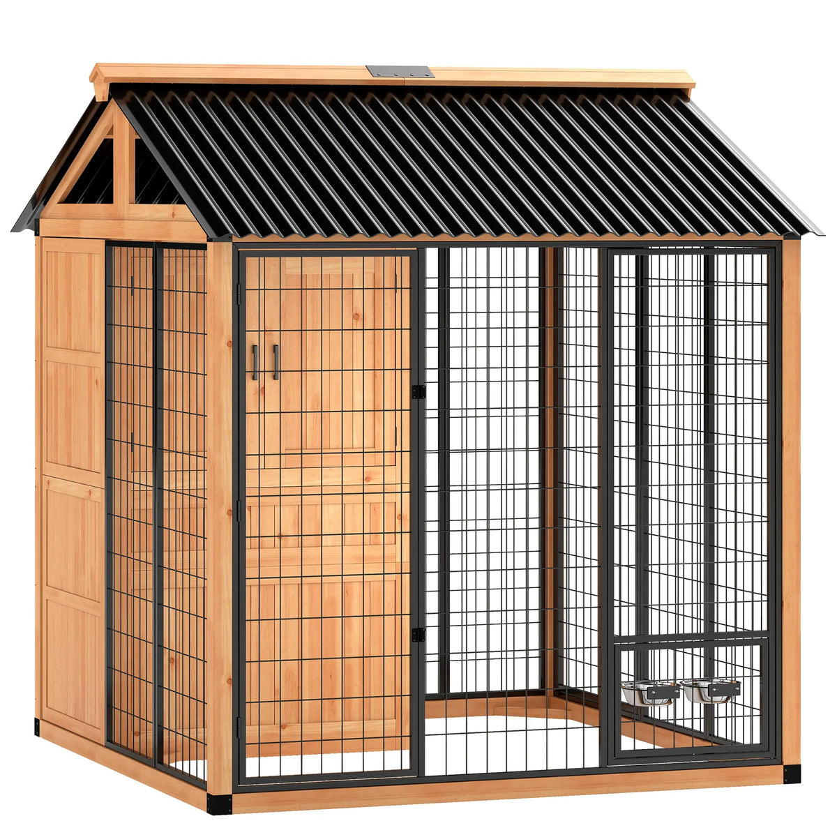 86" L Wooden Dog Kennel With Storage Cabinet, Stainless Steel Bowls, Yellow Dog Cages & Crates Light Yellow at Gallery Canada