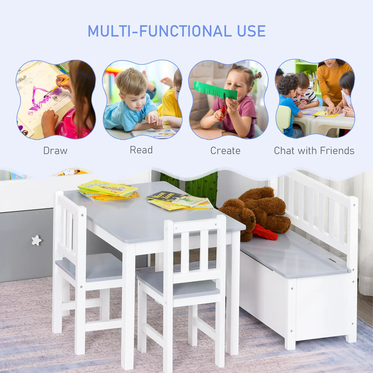 Kids Wood Table, Chair, Bench Set with Storage, 4-Piece Kids Table Sets at Gallery Canada