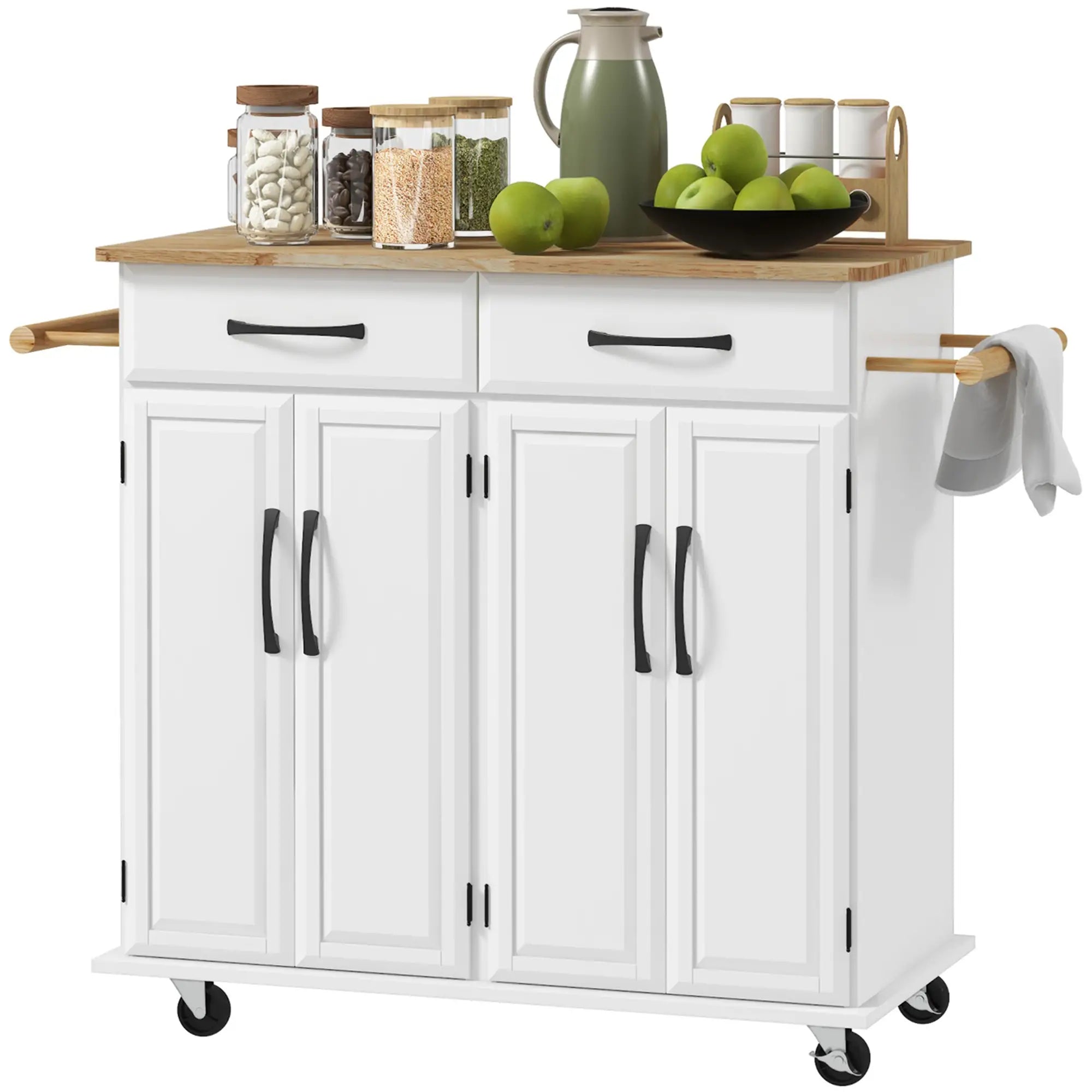 Kitchen Island on Wheels, Rubberwood Top, 2 Drawers, 4 Doors, Adjustable Shelves Kitchen Islands & Kitchen Carts White, Oak at Gallery Canada
