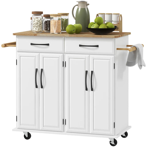 Kitchen Island on Wheels, Rubberwood Top, 2 Drawers, 4 Doors, Adjustable Shelves