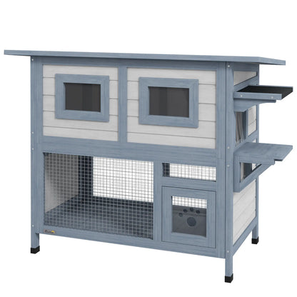 2 Tier Outdoor Cat House, Escape Door, Jump Platform, Light Grey Cat Houses Grey, Black at Gallery Canada