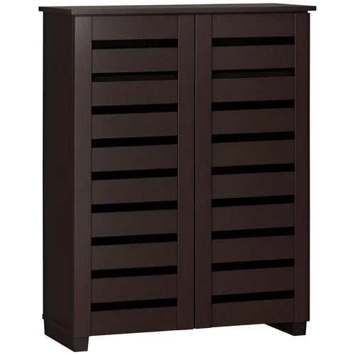 Narrow Shoe Cabinet, 2 Slatted Doors, Adjustable Shelves, Holds 15 Pairs, Dark Brown