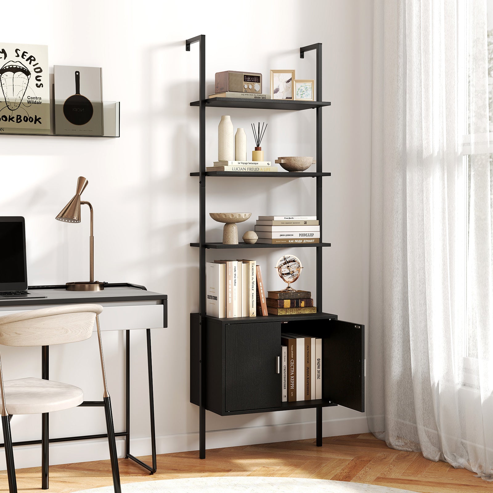 72.5 Inch Tall Bookshelf with Cabinet Anti-Tipping Kits and Metal Frame, Black Bookcases at Gallery Canada