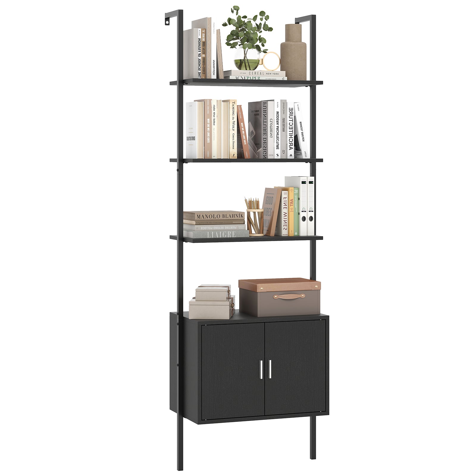 72.5 Inch Tall Bookshelf With Cabinet, Metal Frame, Black Bookcases Black at Gallery Canada