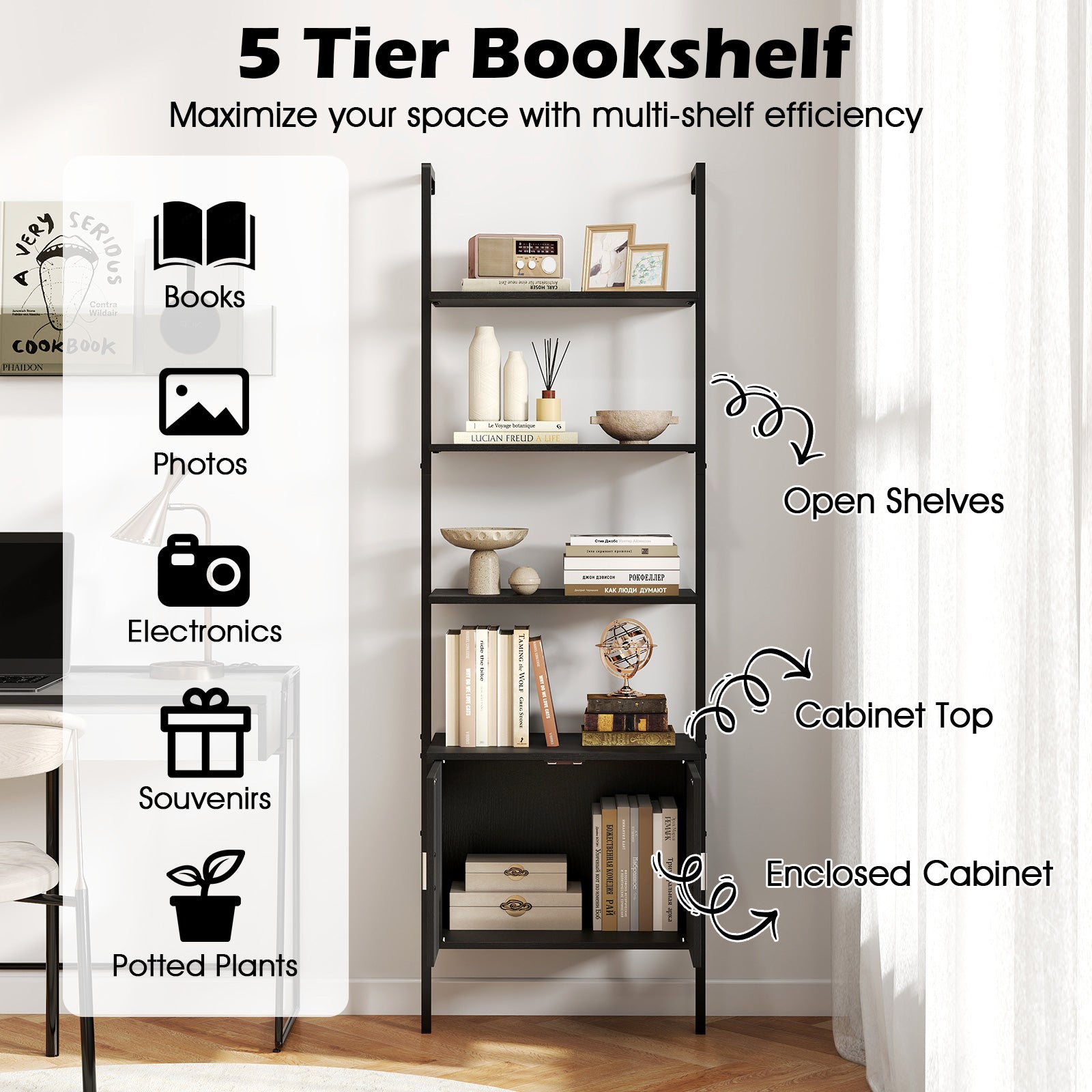 72.5 Inch Tall Bookshelf with Cabinet Anti-Tipping Kits and Metal Frame, Black Bookcases at Gallery Canada