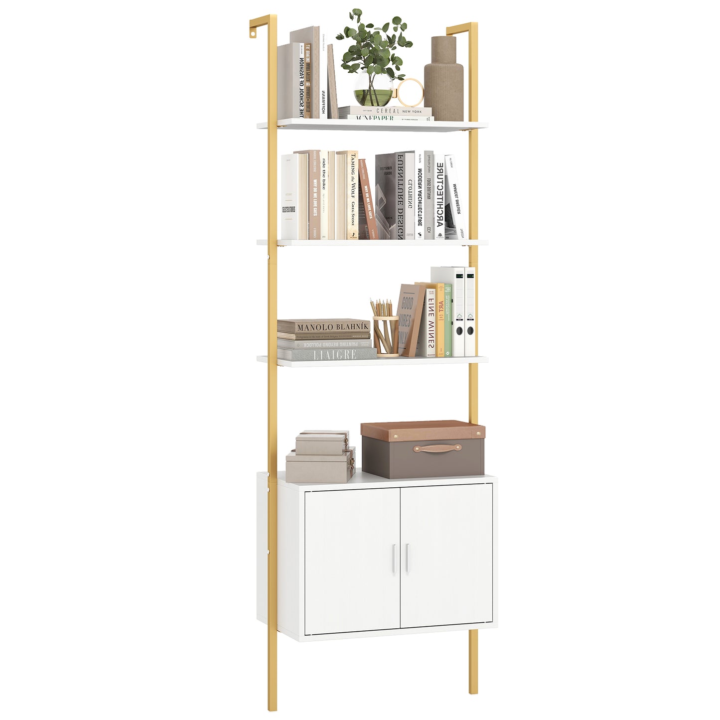 72.5 Inch Tall Bookshelf With Cabinet, Metal Frame, White Bookcases at Gallery Canada