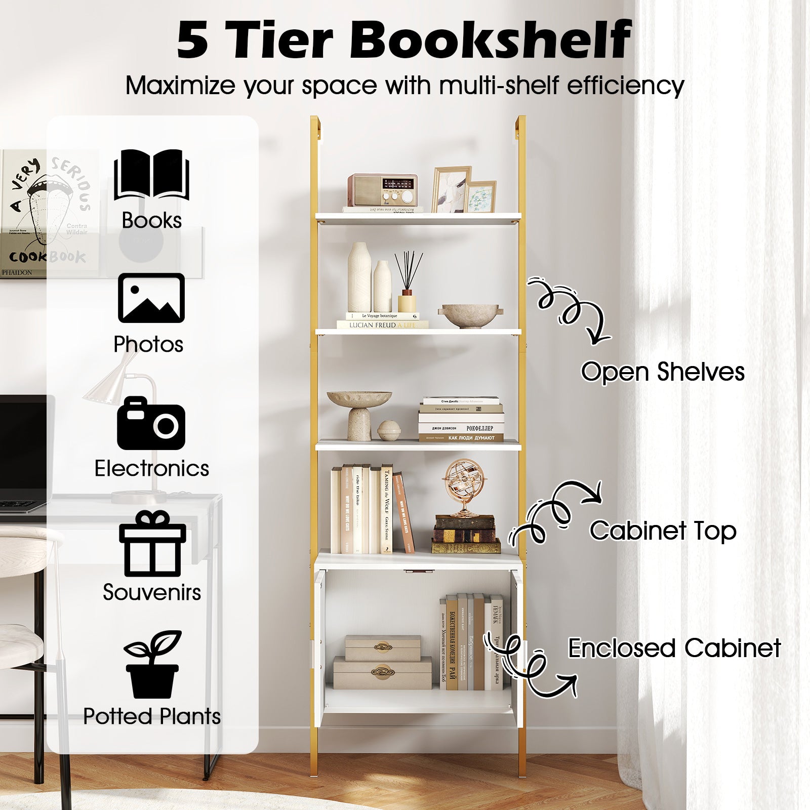 72.5 Inch Tall Bookshelf with Cabinet Anti-Tipping Kits and Metal Frame, White Bookcases at Gallery Canada