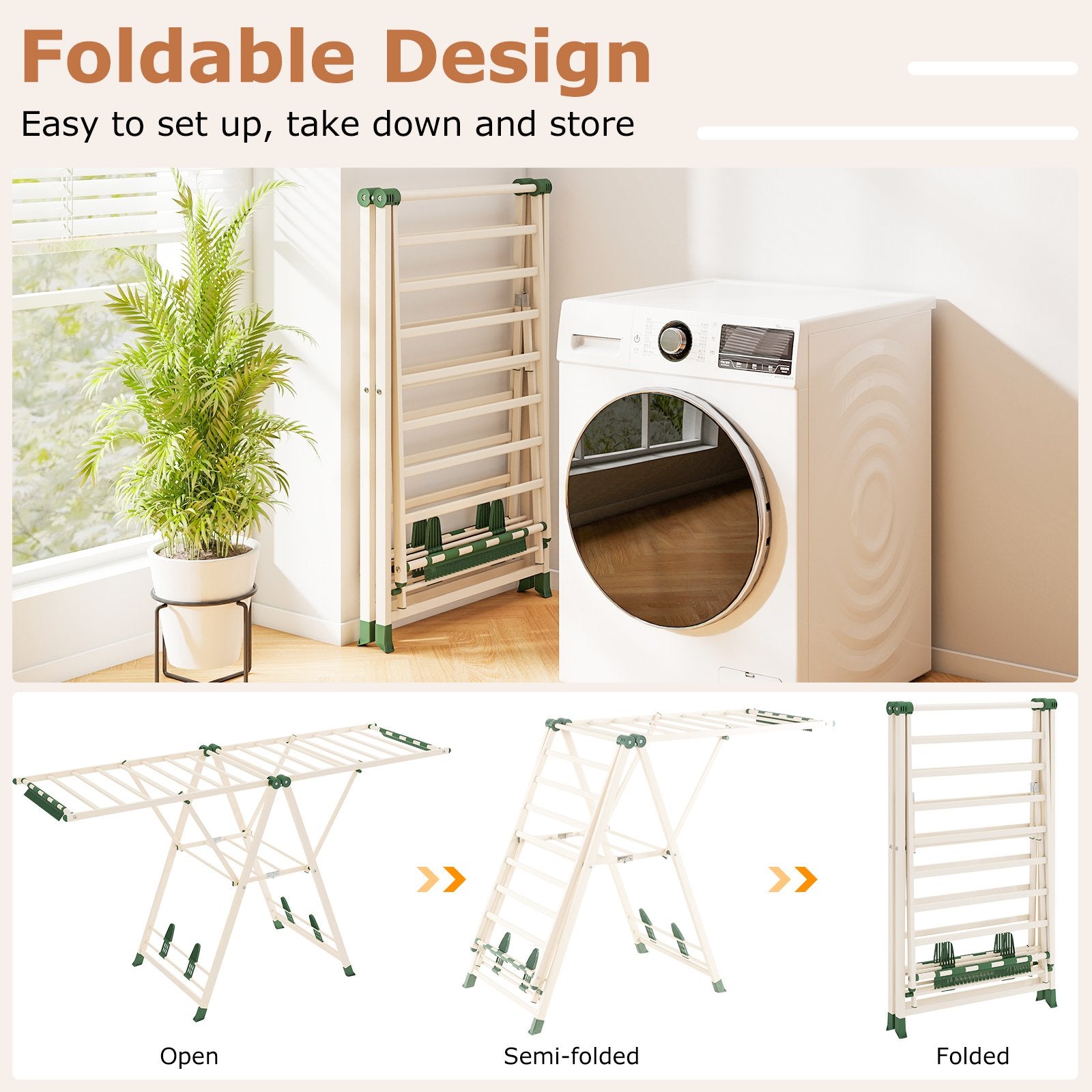 72.5 Inches Clothes Drying Rack with Height Adjustable Wings, Beige Drying Racks at Gallery Canada