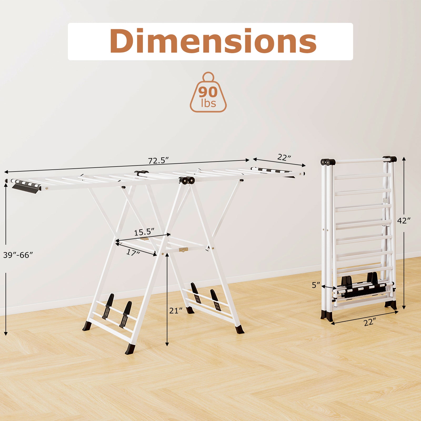 72.5 Inches Clothes Drying Rack with Height Adjustable Wings, White Drying Racks at Gallery Canada