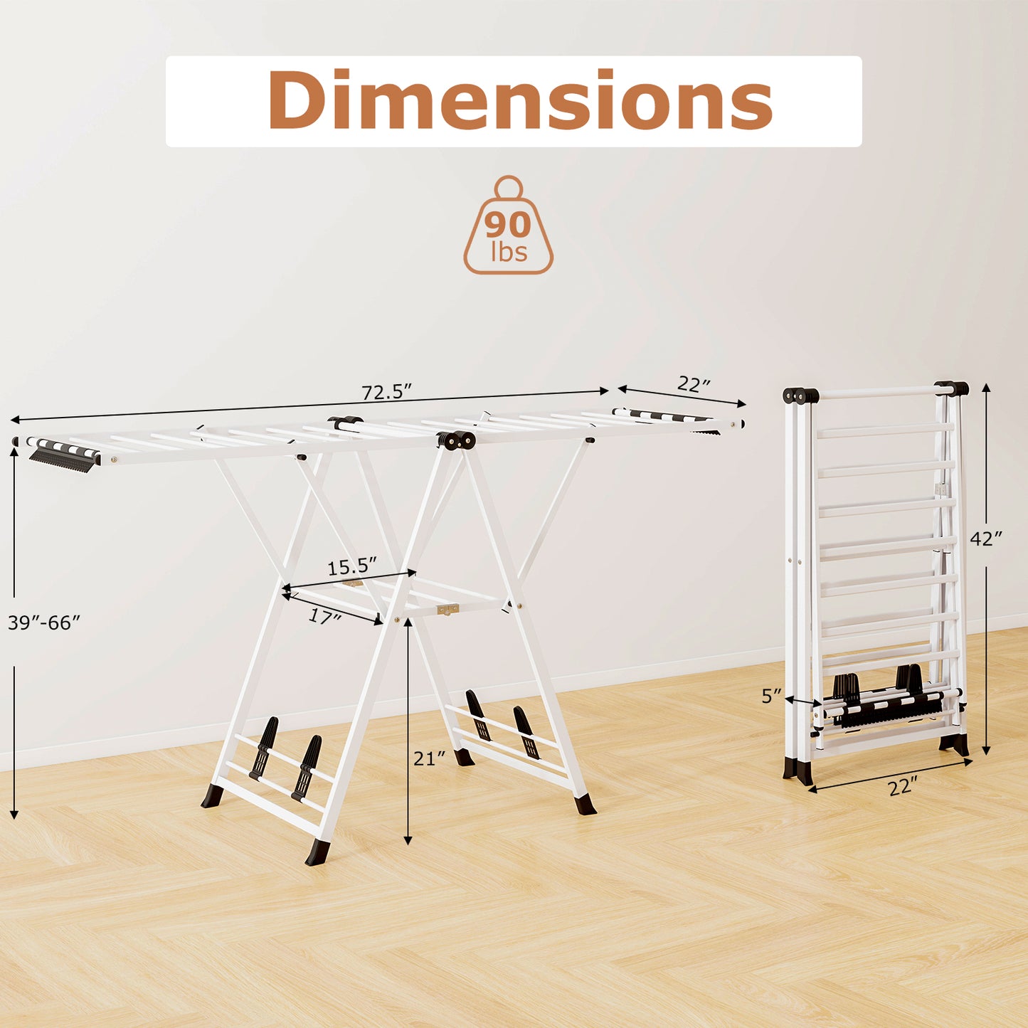 72.5 Inches Clothes Drying Rack with Height Adjustable Wings, White Drying Racks at Gallery Canada