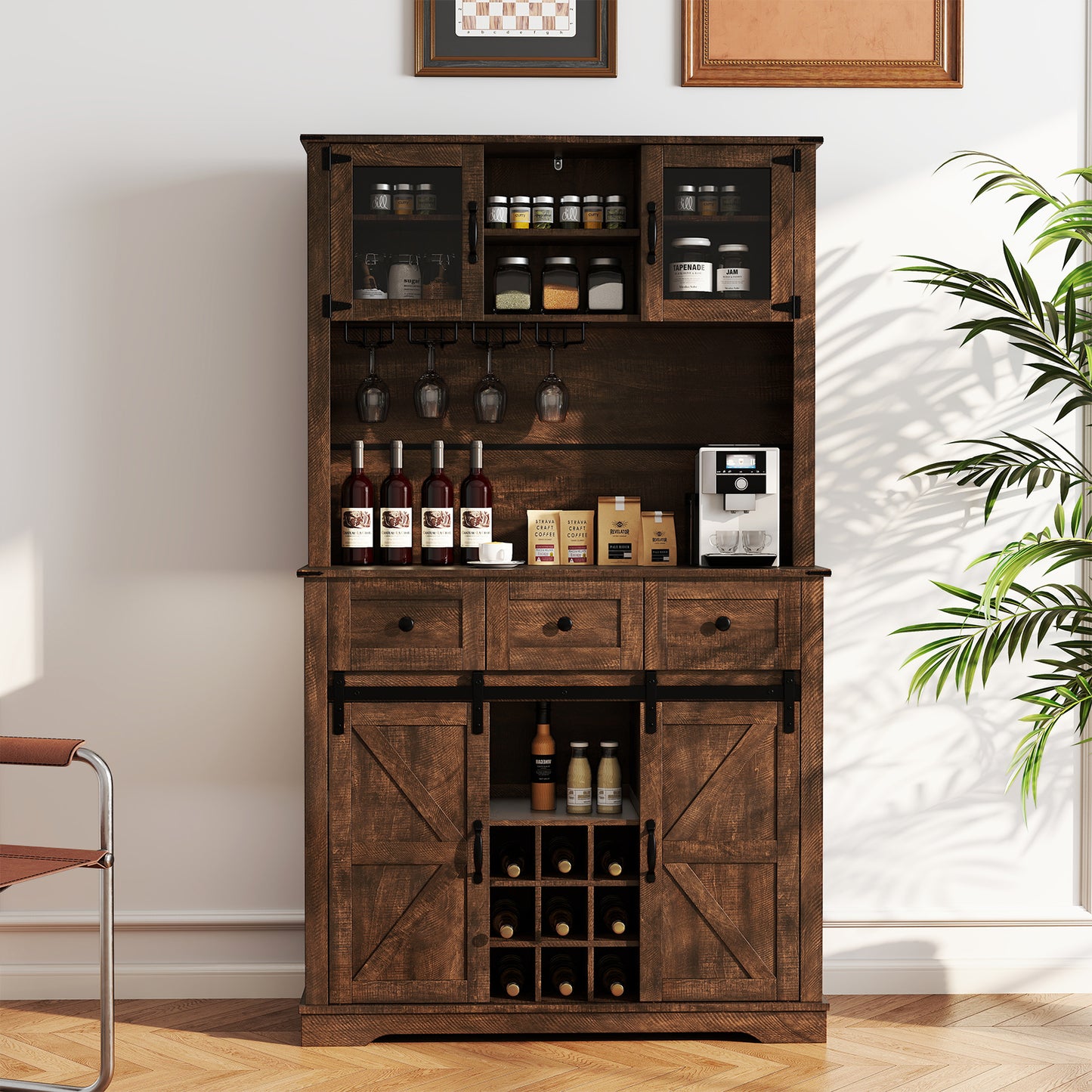 72 Inch Coffee Bar Cabinet, With Drawers And Sliding Barn Doors, Brown Sideboards Cabinets & Buffets at Gallery Canada