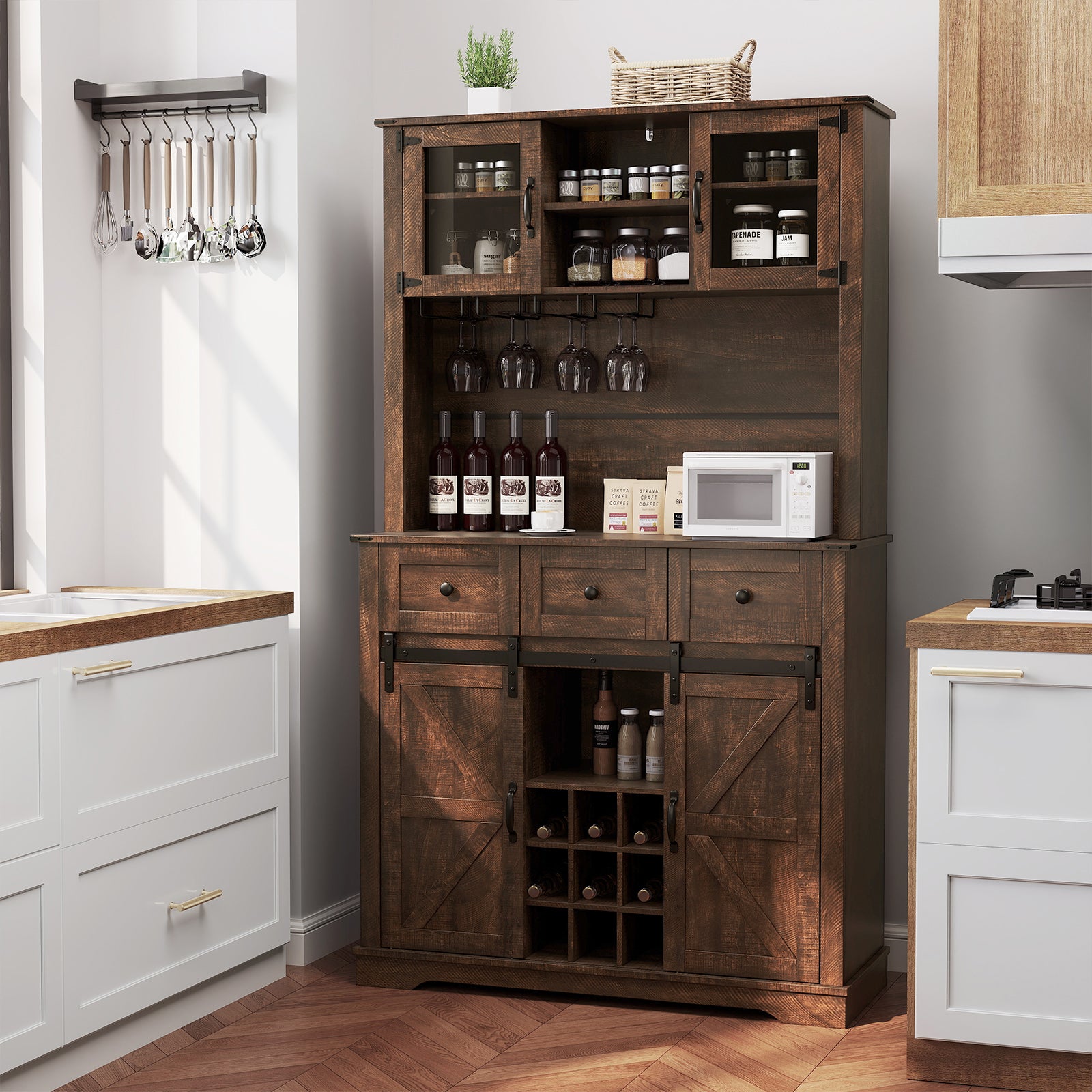 72 Inch Coffee Bar Cabinet, With Drawers And Sliding Barn Doors, Brown Sideboards Cabinets & Buffets at Gallery Canada