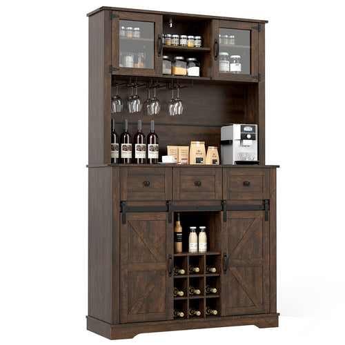 72 Inch Coffee Bar Cabinet, With Drawers And Sliding Barn Doors, Brown
