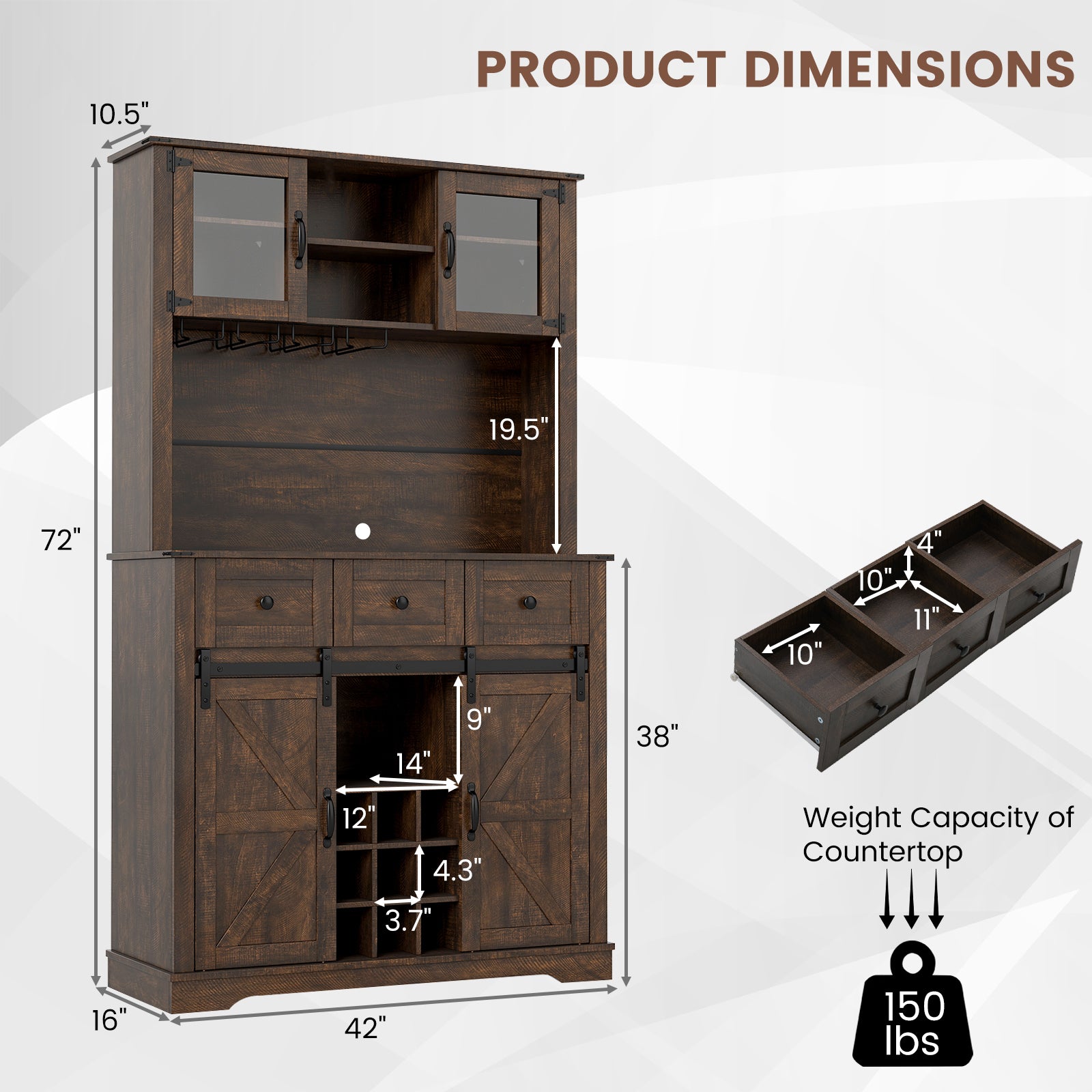72 Inch Coffee Bar Cabinet, With Drawers And Sliding Barn Doors, Brown Sideboards Cabinets & Buffets at Gallery Canada
