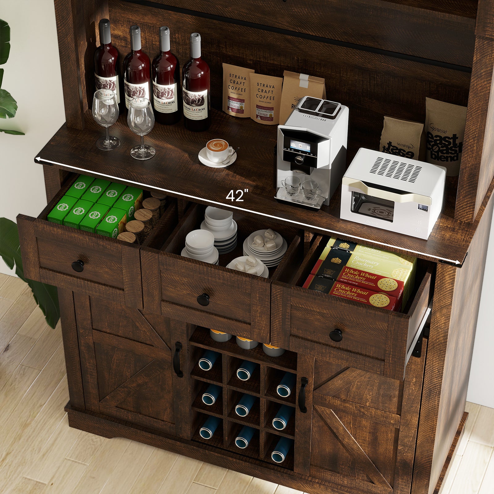 72 Inch Coffee Bar Cabinet, With Drawers And Sliding Barn Doors, Brown Sideboards Cabinets & Buffets at Gallery Canada