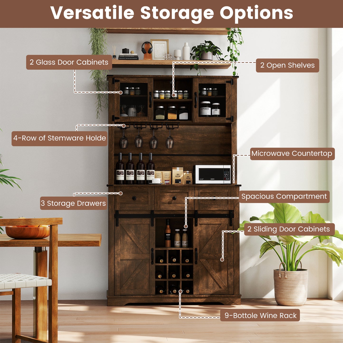 72 Inch Coffee Bar Cabinet, With Drawers And Sliding Barn Doors, Brown Sideboards Cabinets & Buffets at Gallery Canada