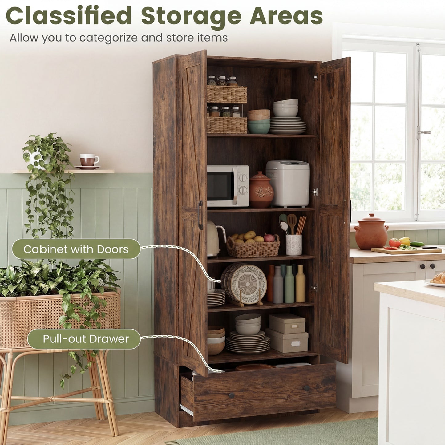72 Inch Tall Kitchen Pantry Cabinet, Farmhouse Wooden Cupboard, 2 Doors, Brown Sideboards Cabinets & Buffets at Gallery Canada