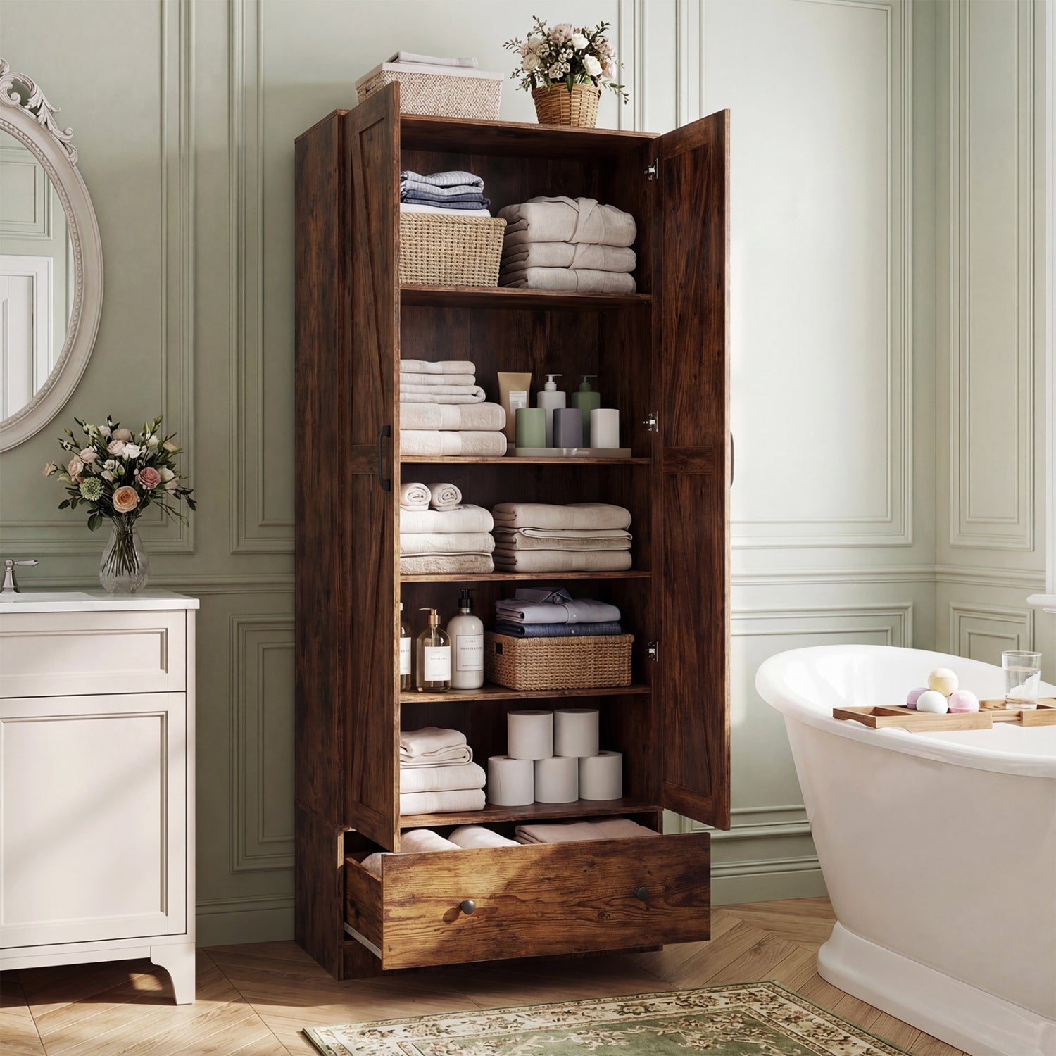 72 Inch Tall Kitchen Pantry Cabinet, Farmhouse Wooden Cupboard, 2 Doors, Brown Sideboards Cabinets & Buffets at Gallery Canada