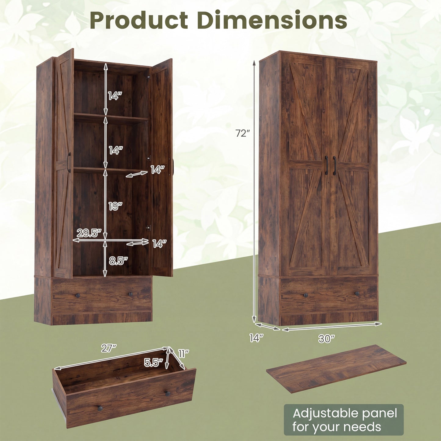 72 Inch Tall Kitchen Pantry Cabinet, Farmhouse Wooden Cupboard, 2 Doors, Brown Sideboards Cabinets & Buffets at Gallery Canada