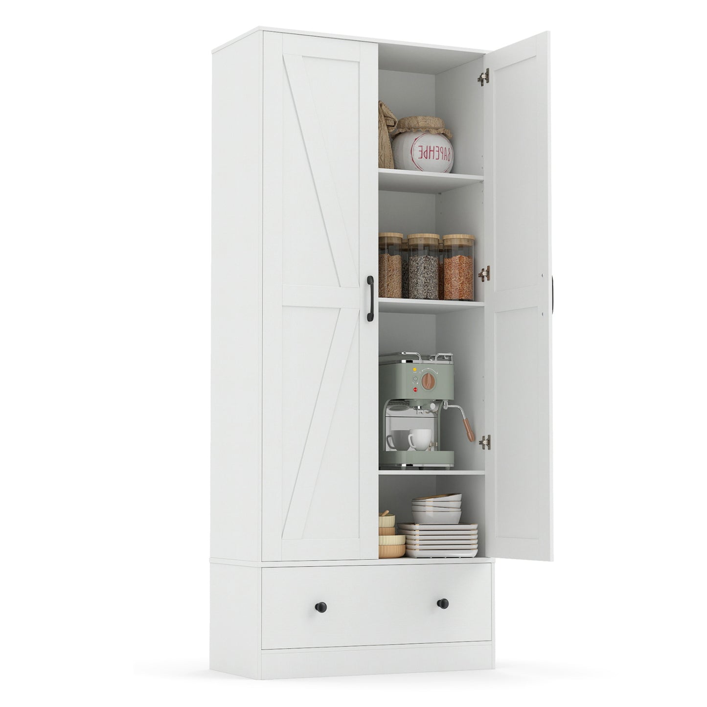 72 Inch Kitchen Pantry Cabinet, 2 Doors, Farmhouse Wooden Cupboard, White Sideboards Cabinets & Buffets at Gallery Canada
