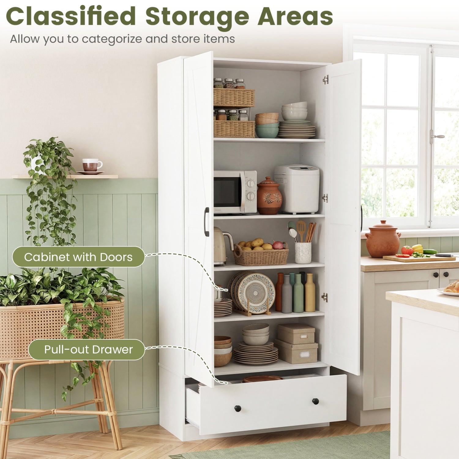72 Inch Kitchen Pantry Cabinet, 2 Doors, Farmhouse Wooden Cupboard, White Sideboards Cabinets & Buffets at Gallery Canada