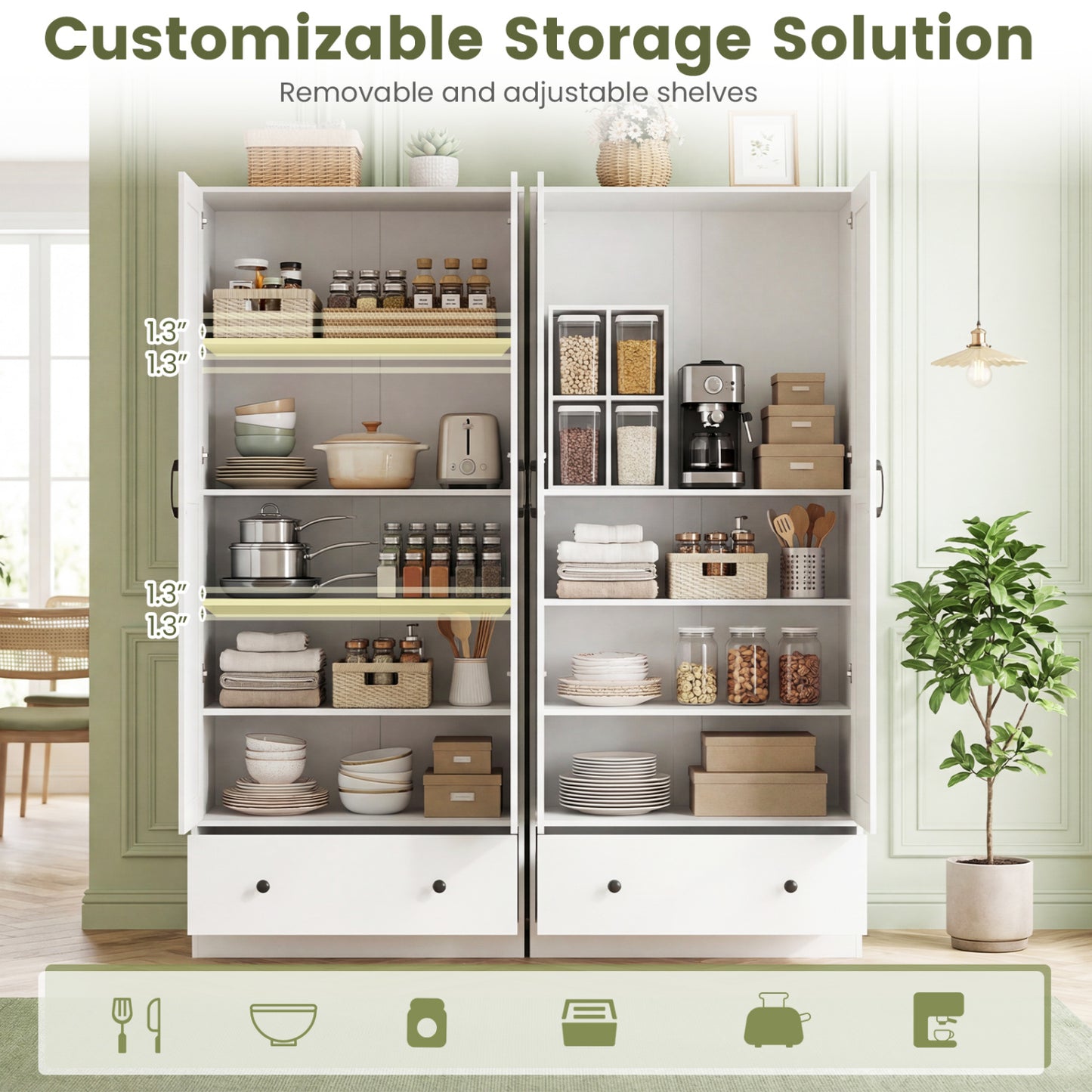72 Inch Kitchen Pantry Cabinet, 2 Doors, Farmhouse Wooden Cupboard, White Sideboards Cabinets & Buffets at Gallery Canada