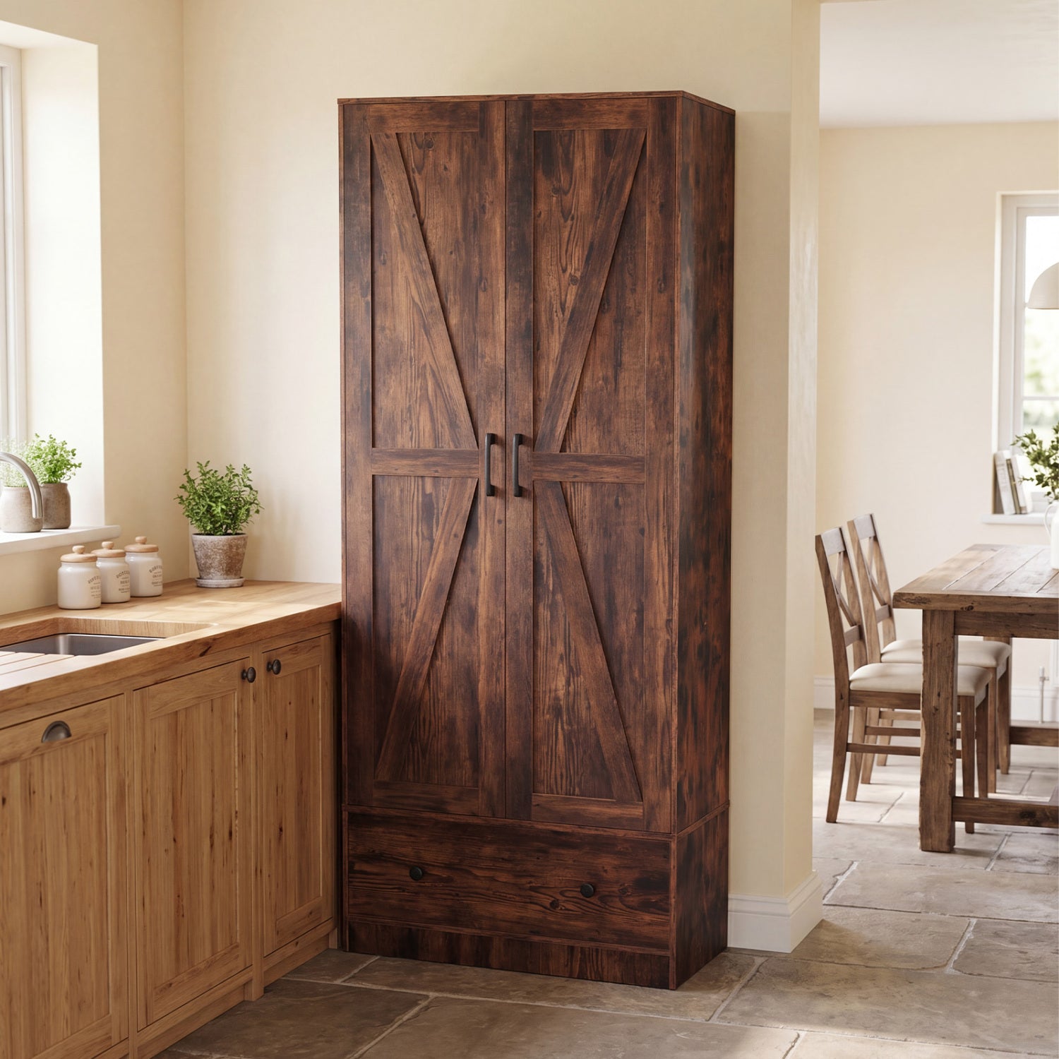 72 Inch Tall Kitchen Pantry Cabinet, Farmhouse Wooden Cupboard, 2 Doors, Brown Sideboards Cabinets & Buffets at Gallery Canada