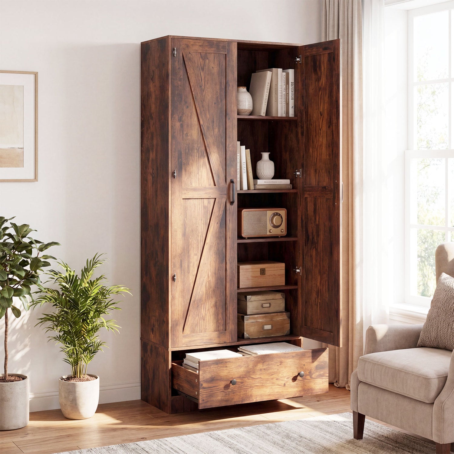 72 Inch Tall Kitchen Pantry Cabinet, Farmhouse Wooden Cupboard, 2 Doors, Brown Sideboards Cabinets & Buffets at Gallery Canada