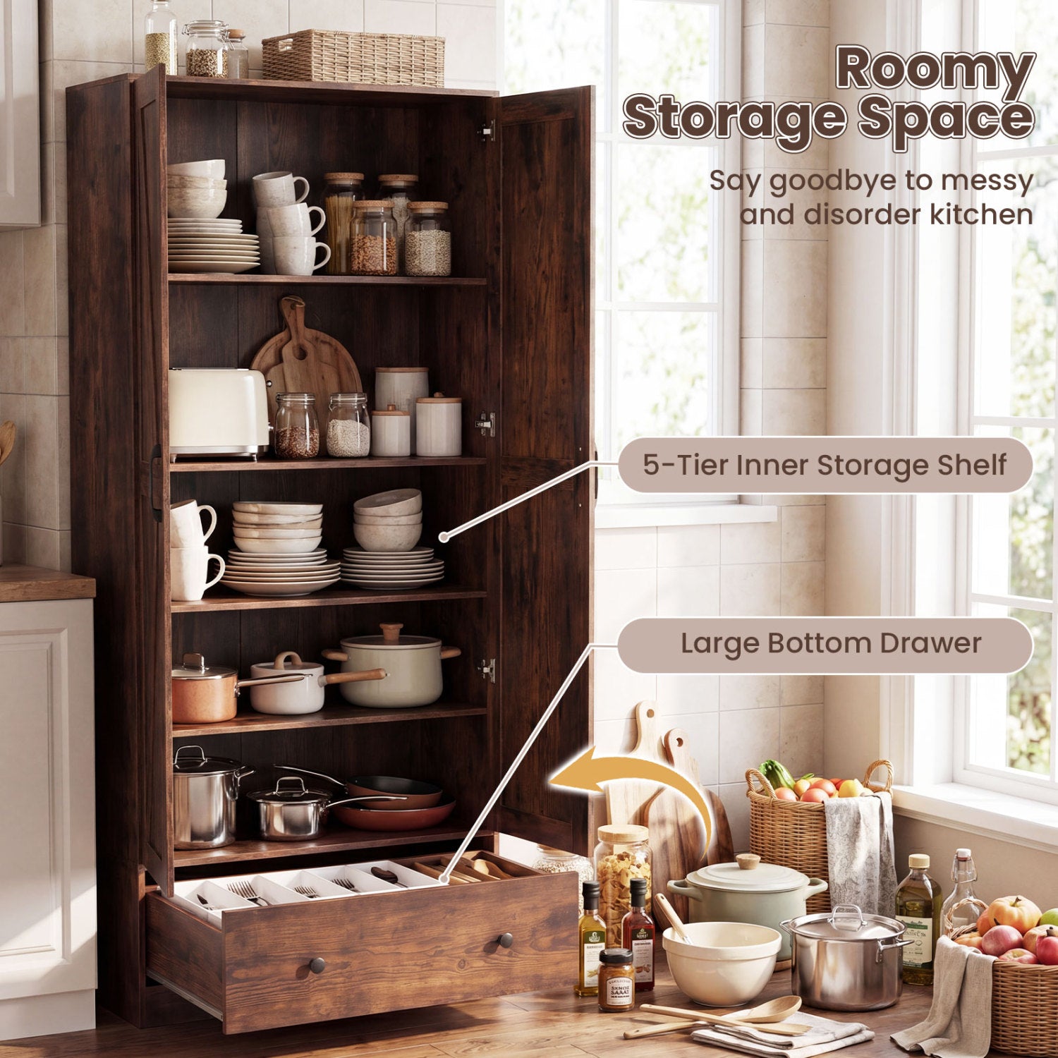 72 Inch Tall Kitchen Pantry Cabinet, Farmhouse Wooden Cupboard, 2 Doors, Brown Sideboards Cabinets & Buffets at Gallery Canada