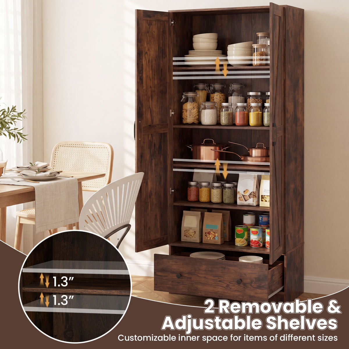72 Inch Tall Kitchen Pantry Cabinet, Farmhouse Wooden Cupboard, 2 Doors, Brown Sideboards Cabinets & Buffets at Gallery Canada