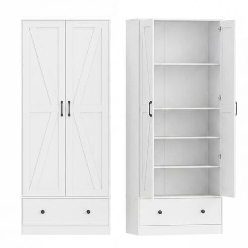 72 Inch Kitchen Pantry Cabinet, 2 Doors, Farmhouse Wooden Cupboard, White